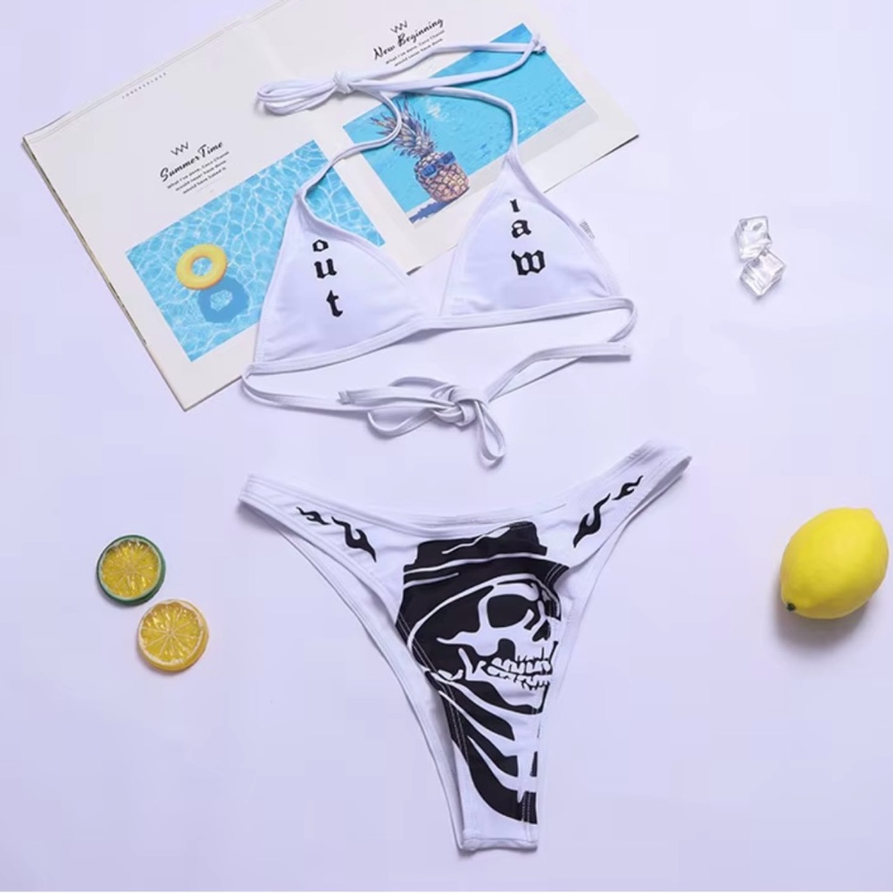 White Graphic Bikini Set high cut cheeky small